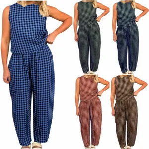 Women 2 Piece Summer Outfit Plaid Lounge Wear Sets Sleeveless Crop Tank Tops and Long Pant Set with Pocket Tracksuit