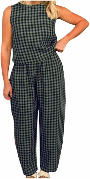 Women 2 Piece Summer Outfit Plaid Lounge Wear Sets Sleeveless Crop Tank Tops and Long Pant Set with Pocket Tracksuit