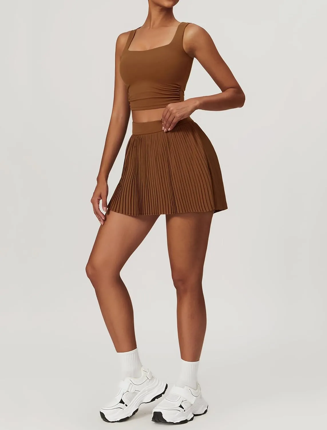Women 2 Piece Tennis Dresses High Waisted Pleated Skirt Sets Sleeveless Racerback Padded Crop Top Seamless Golf Outfits