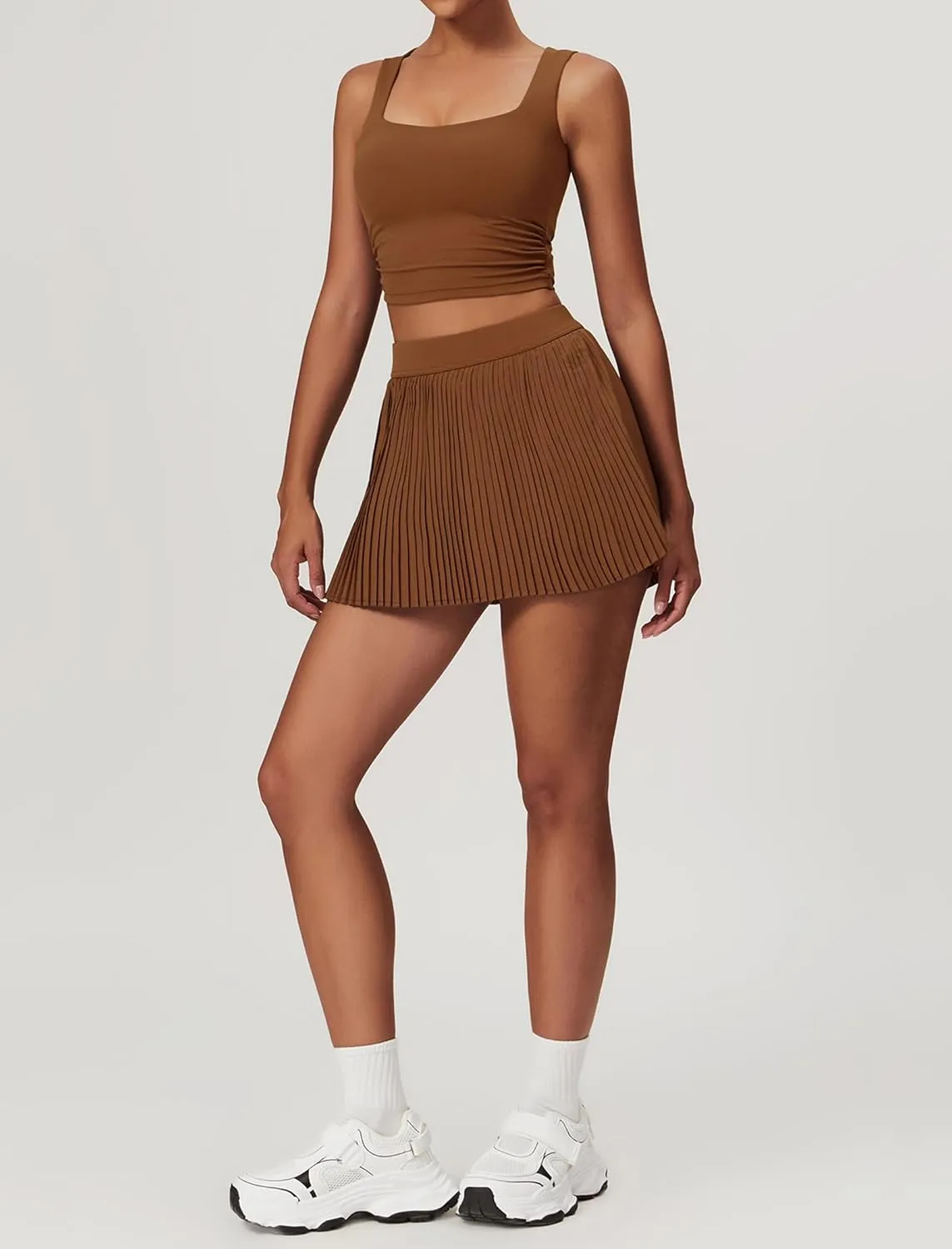 Women 2 Piece Tennis Dresses High Waisted Pleated Skirt Sets Sleeveless Racerback Padded Crop Top Seamless Golf Outfits