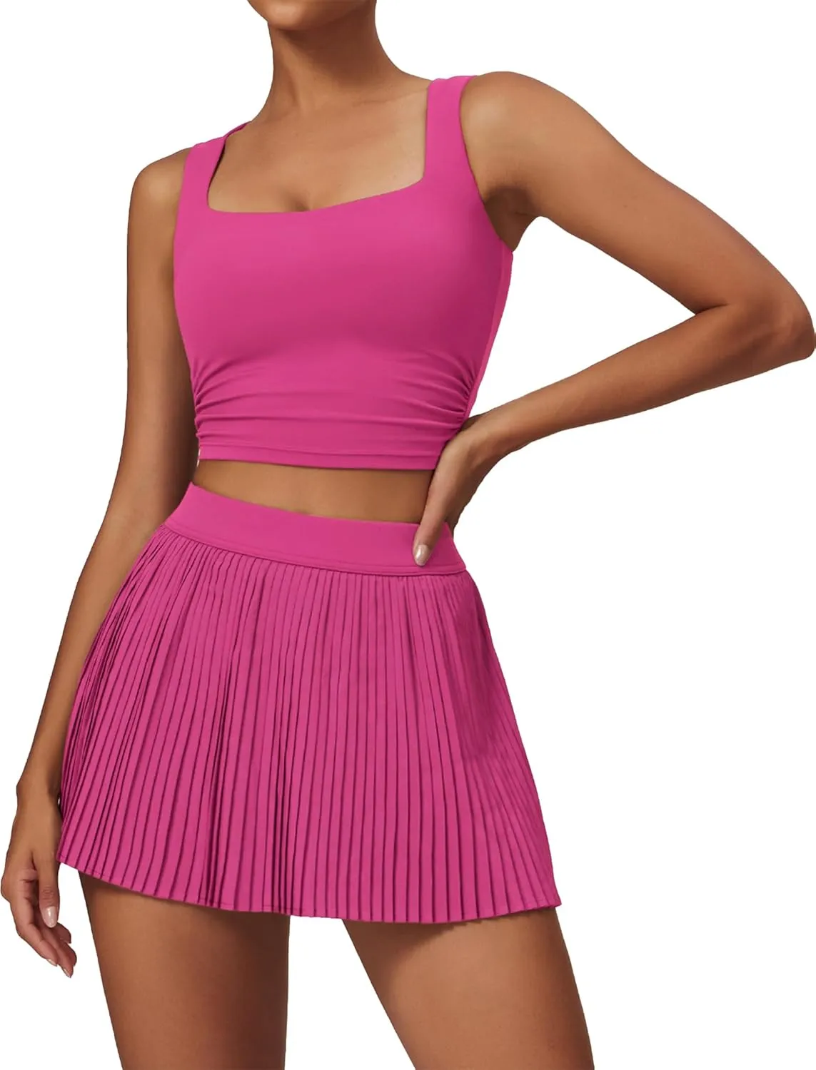 Women 2 Piece Tennis Dresses High Waisted Pleated Skirt Sets Sleeveless Racerback Padded Crop Top Seamless Golf Outfits