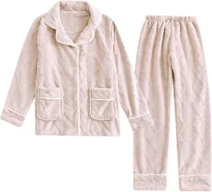 Women Flannel Pajamas Sets Fuzzy Pj Sets 2 Piece Lounge Set Winter Fluffy Pajama Set Button Tops and Pants Loungewear