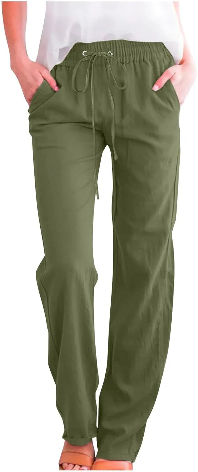Women High Waisted Wide Leg Pants Casual Drawstring Elastic Trousers Comfy Straight Leg Long Pants Girls Flare