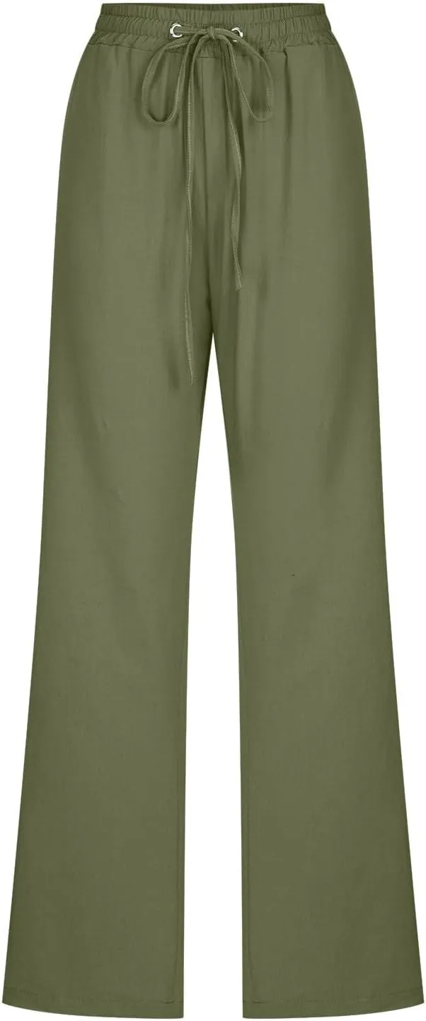 Women High Waisted Wide Leg Pants Casual Drawstring Elastic Trousers Comfy Straight Leg Long Pants Girls Flare