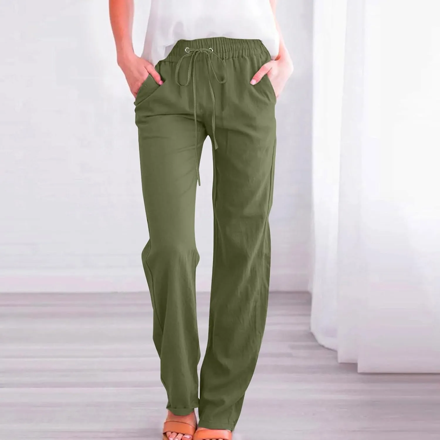 Women High Waisted Wide Leg Pants Casual Drawstring Elastic Trousers Comfy Straight Leg Long Pants Girls Flare