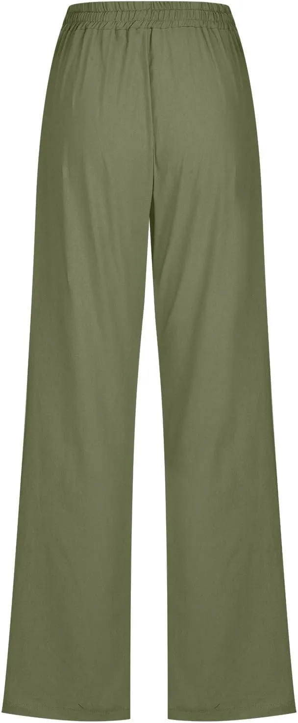 Women High Waisted Wide Leg Pants Casual Drawstring Elastic Trousers Comfy Straight Leg Long Pants Girls Flare