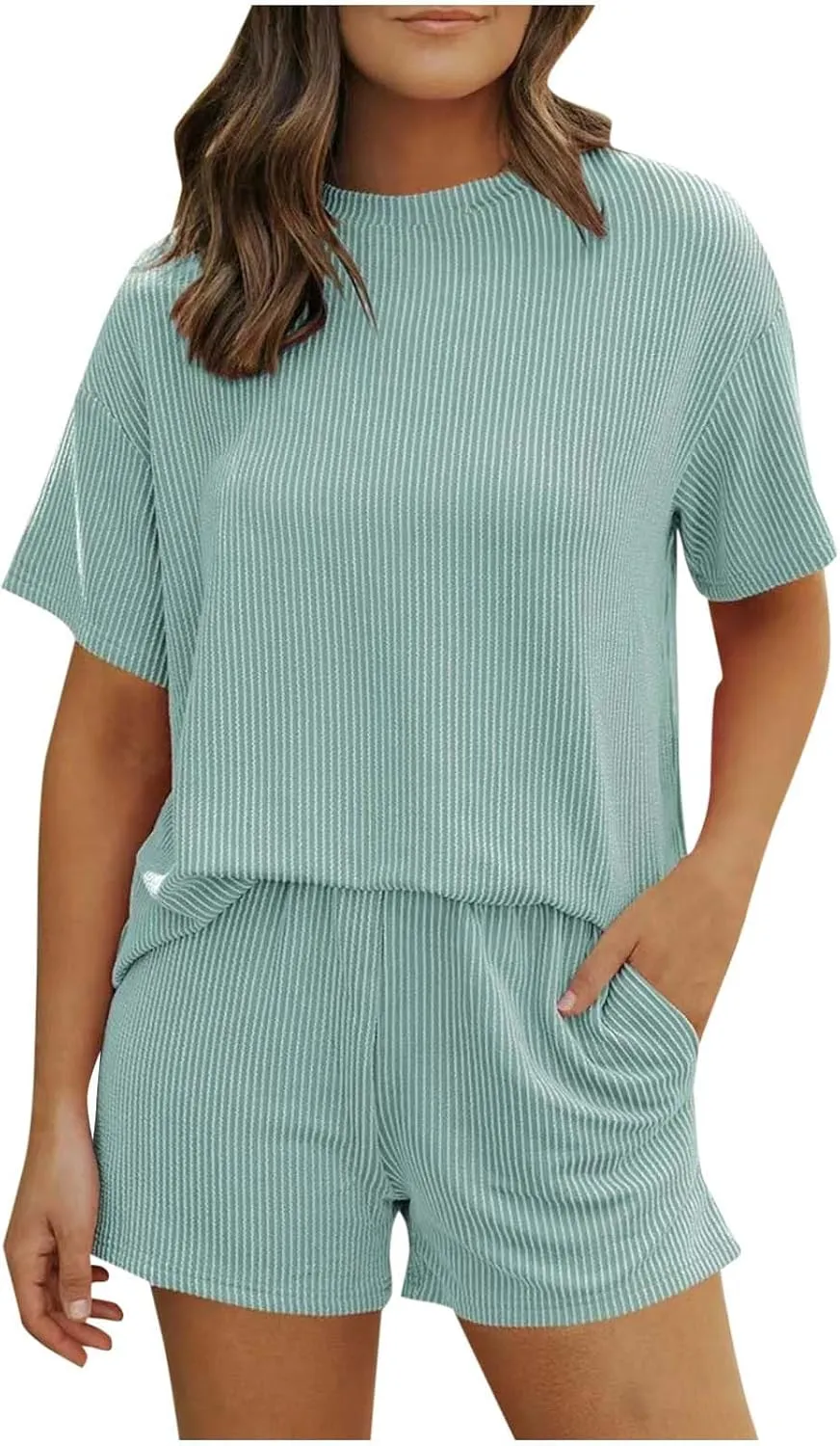 Women Knit Pajama Sets Short Sleeve Tops and Shorts with Pockets Lounge Pjs Set 2 Piece Outfits Matching Sleepwear