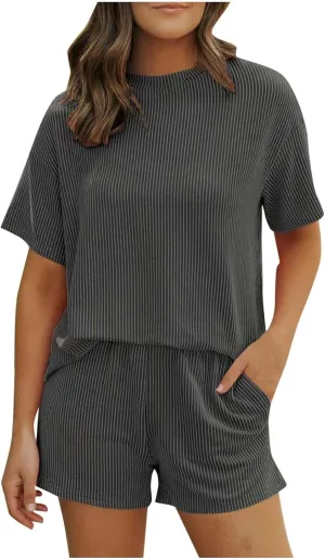 Women Knit Pajama Sets Short Sleeve Tops and Shorts with Pockets Lounge Pjs Set 2 Piece Outfits Matching Sleepwear