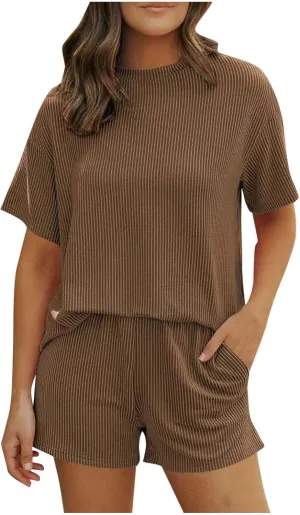 Women Knit Pajama Sets Short Sleeve Tops and Shorts with Pockets Lounge Pjs Set 2 Piece Outfits Matching Sleepwear