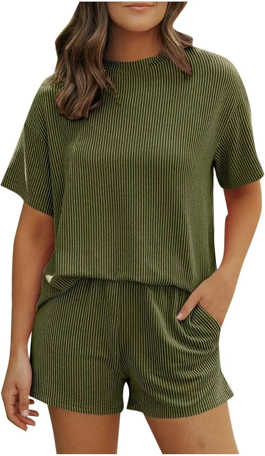 Women Knit Pajama Sets Short Sleeve Tops and Shorts with Pockets Lounge Pjs Set 2 Piece Outfits Matching Sleepwear