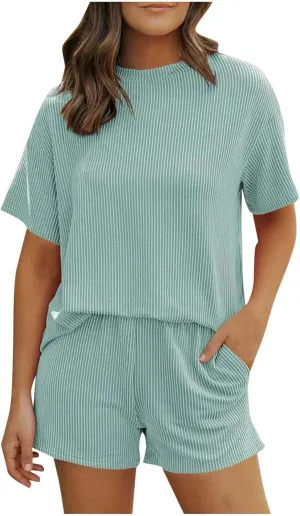 Women Knit Pajama Sets Short Sleeve Tops and Shorts with Pockets Lounge Pjs Set 2 Piece Outfits Matching Sleepwear