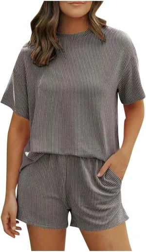 Women Knit Pajama Sets Short Sleeve Tops and Shorts with Pockets Lounge Pjs Set 2 Piece Outfits Matching Sleepwear