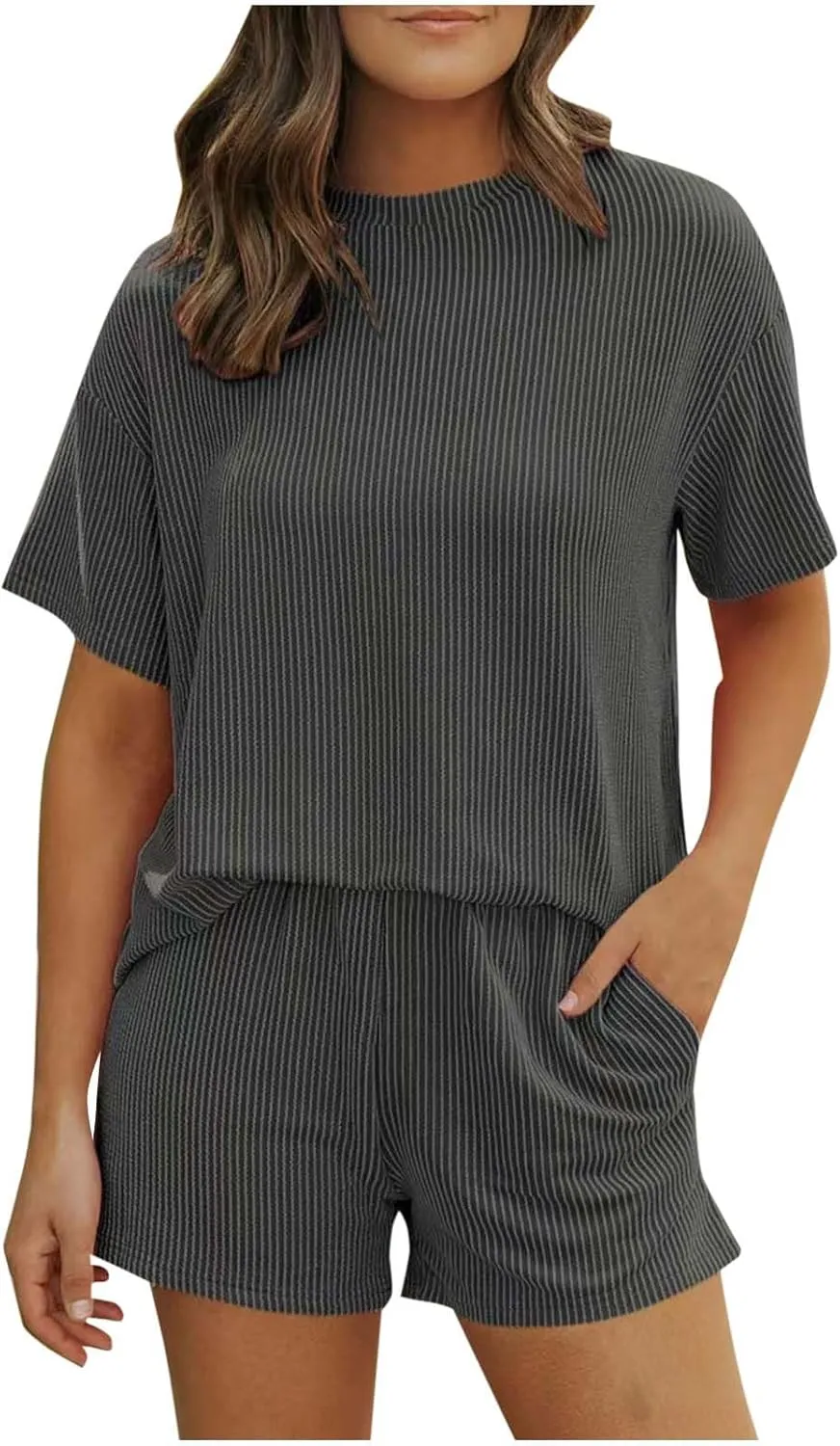 Women Knit Pajama Sets Short Sleeve Tops and Shorts with Pockets Lounge Pjs Set 2 Piece Outfits Matching Sleepwear
