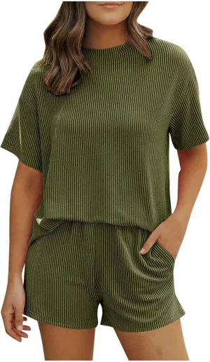 Women Knit Pajama Sets Short Sleeve Tops and Shorts with Pockets Lounge Pjs Set 2 Piece Outfits Matching Sleepwear