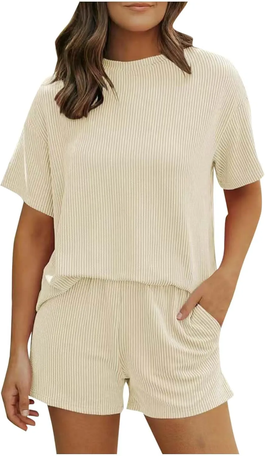 Women Knit Pajama Sets Short Sleeve Tops and Shorts with Pockets Lounge Pjs Set 2 Piece Outfits Matching Sleepwear