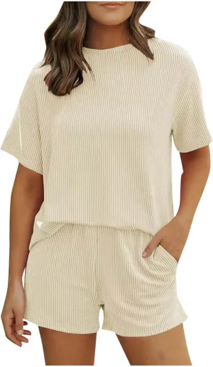 Women Knit Pajama Sets Short Sleeve Tops and Shorts with Pockets Lounge Pjs Set 2 Piece Outfits Matching Sleepwear