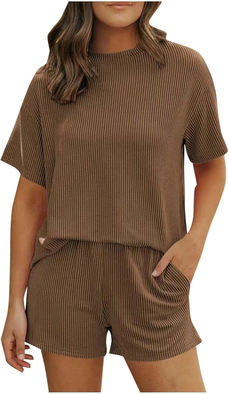 Women Knit Pajama Sets Short Sleeve Tops and Shorts with Pockets Lounge Pjs Set 2 Piece Outfits Matching Sleepwear