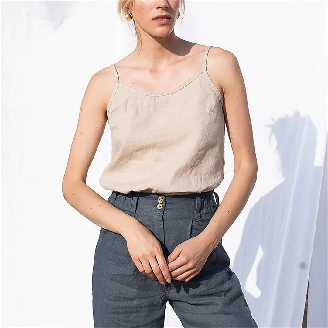 Women Linen Tops Solid Sleeveless Crop Top Basic Tanks Camis Korean Clothing