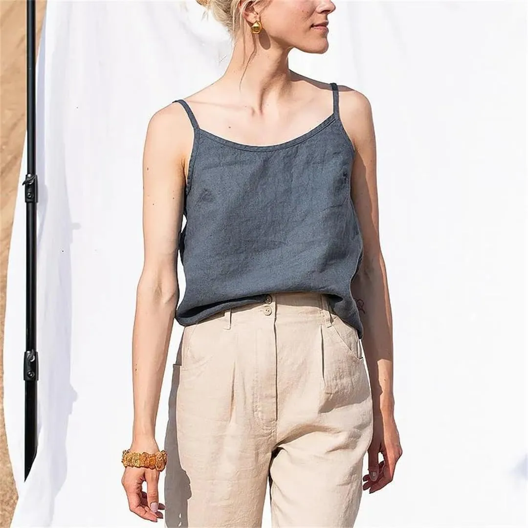 Women Linen Tops Solid Sleeveless Crop Top Basic Tanks Camis Korean Clothing