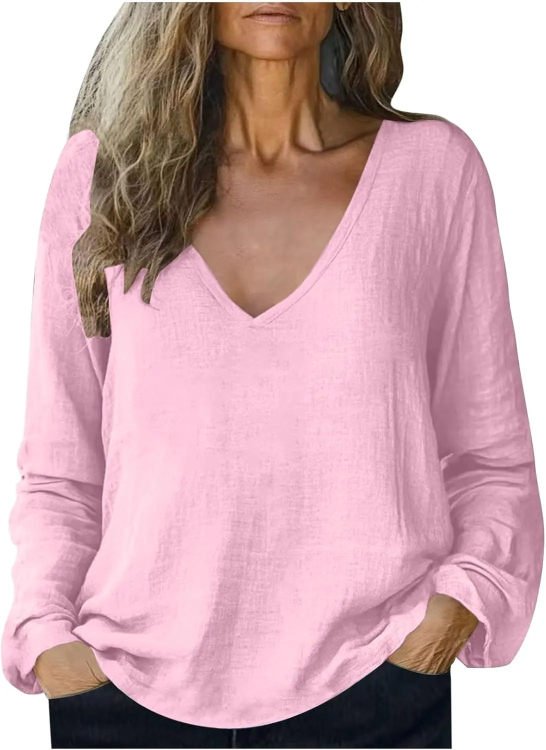 Women Long Sleeve Cotton Linen Tops Summer Casual V Neck Beach Vacation T-Shirts Loose Fit Vintage Basic Blouse for Going Out