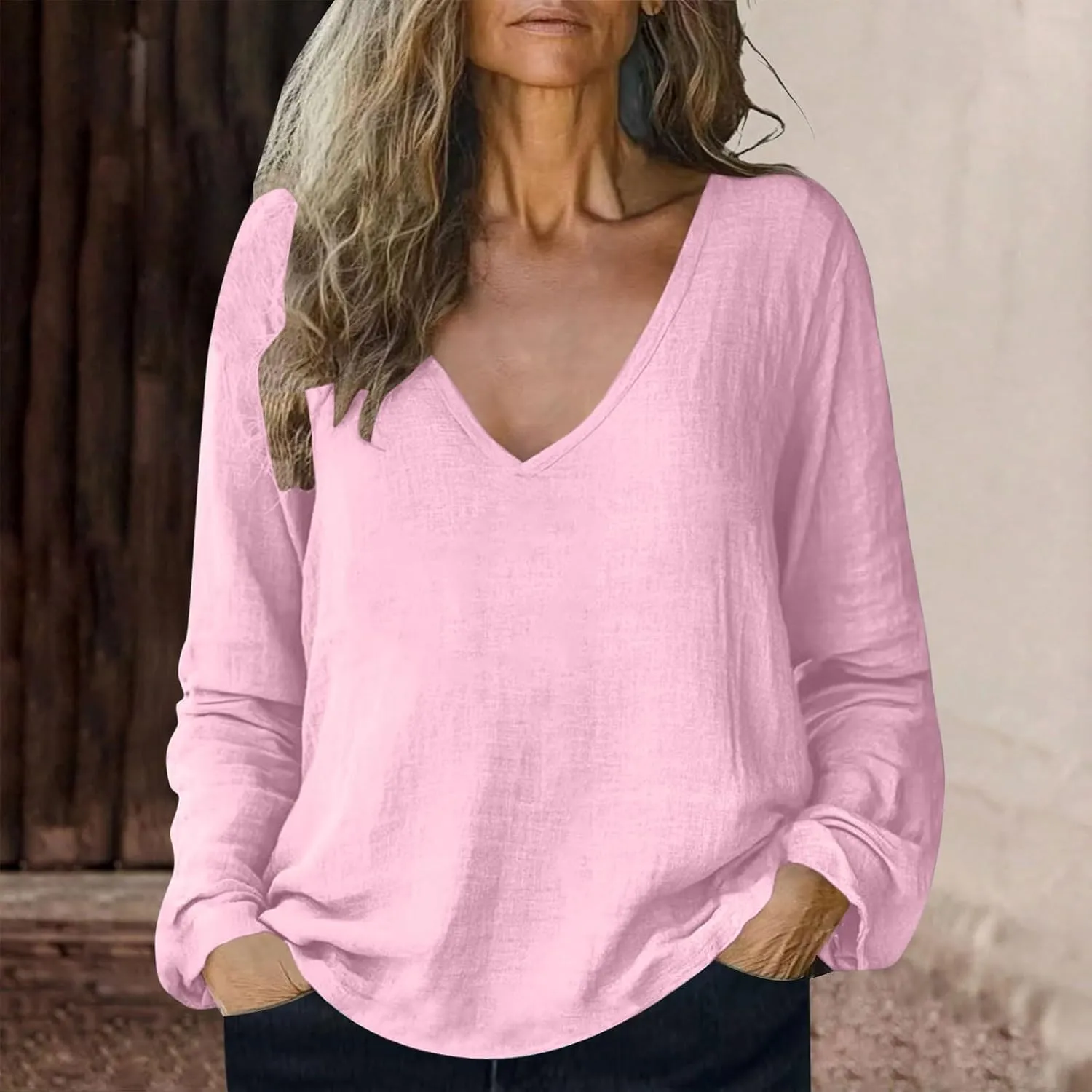 Women Long Sleeve Cotton Linen Tops Summer Casual V Neck Beach Vacation T-Shirts Loose Fit Vintage Basic Blouse for Going Out