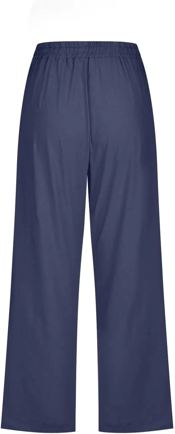 Women Pants High Waisted Wide Leg Pants Drawstring Elastic Trousers Comfy Straight Leg Long Pants with Pockets