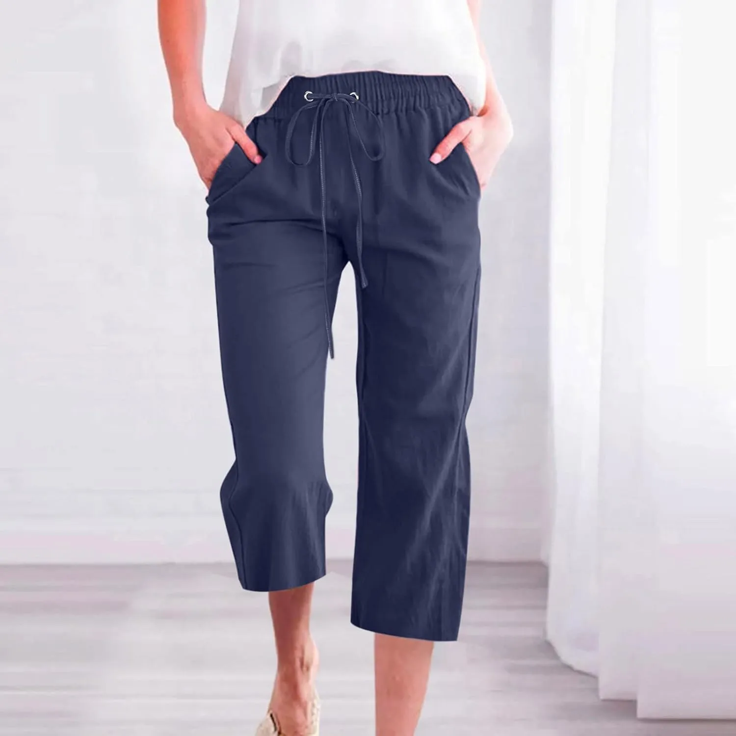 Women Pants High Waisted Wide Leg Pants Drawstring Elastic Trousers Comfy Straight Leg Long Pants with Pockets