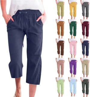 Women Pants High Waisted Wide Leg Pants Drawstring Elastic Trousers Comfy Straight Leg Long Pants with Pockets
