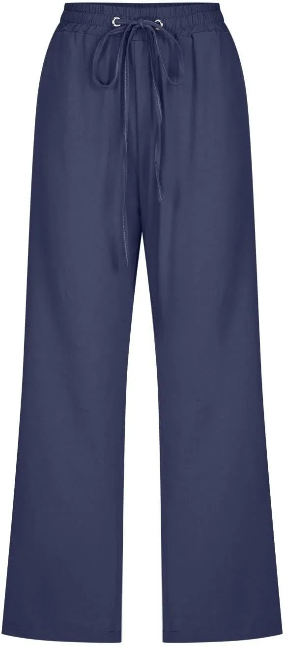 Women Pants High Waisted Wide Leg Pants Drawstring Elastic Trousers Comfy Straight Leg Long Pants with Pockets