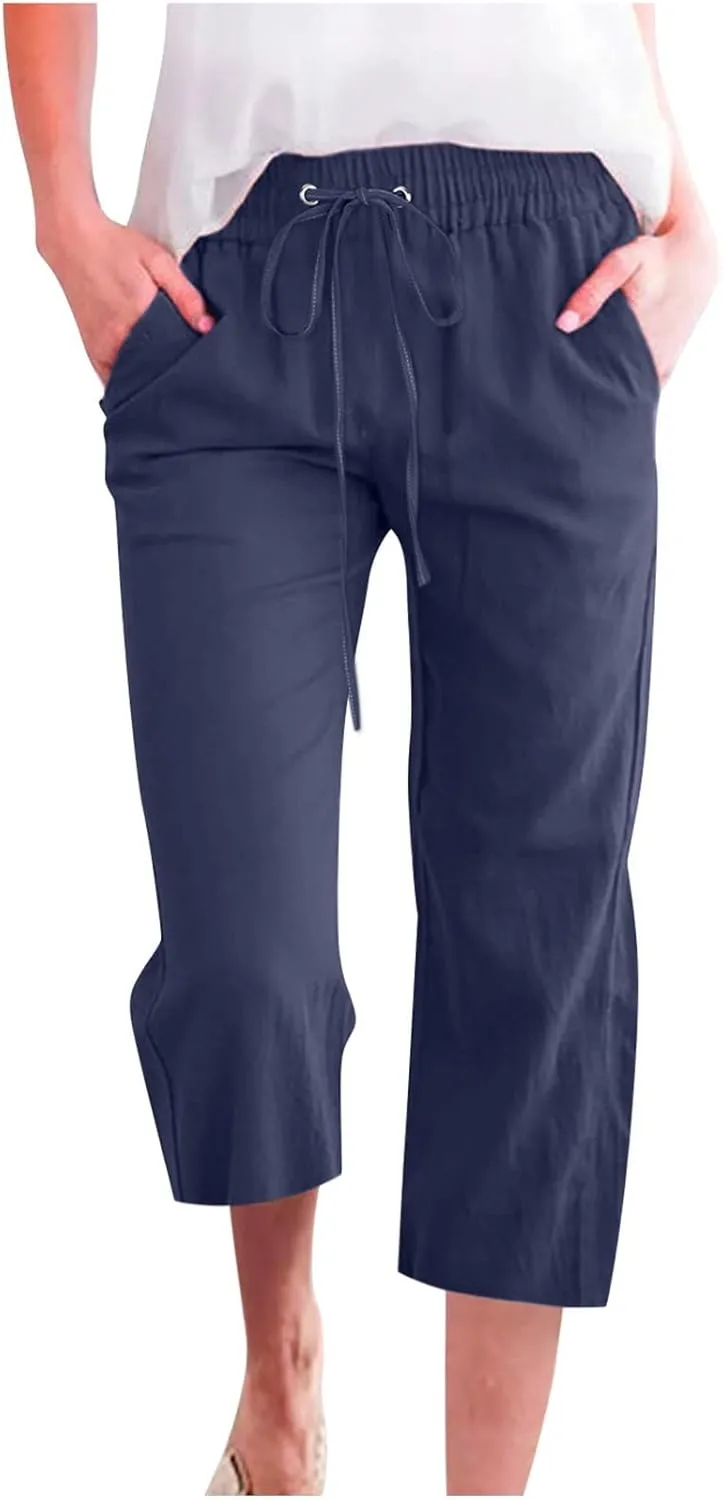 Women Pants High Waisted Wide Leg Pants Drawstring Elastic Trousers Comfy Straight Leg Long Pants with Pockets