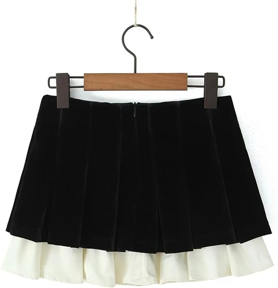 Women Patchwork Velour Skirt Pleated Mini Skirt Vintage High Waist Skirts