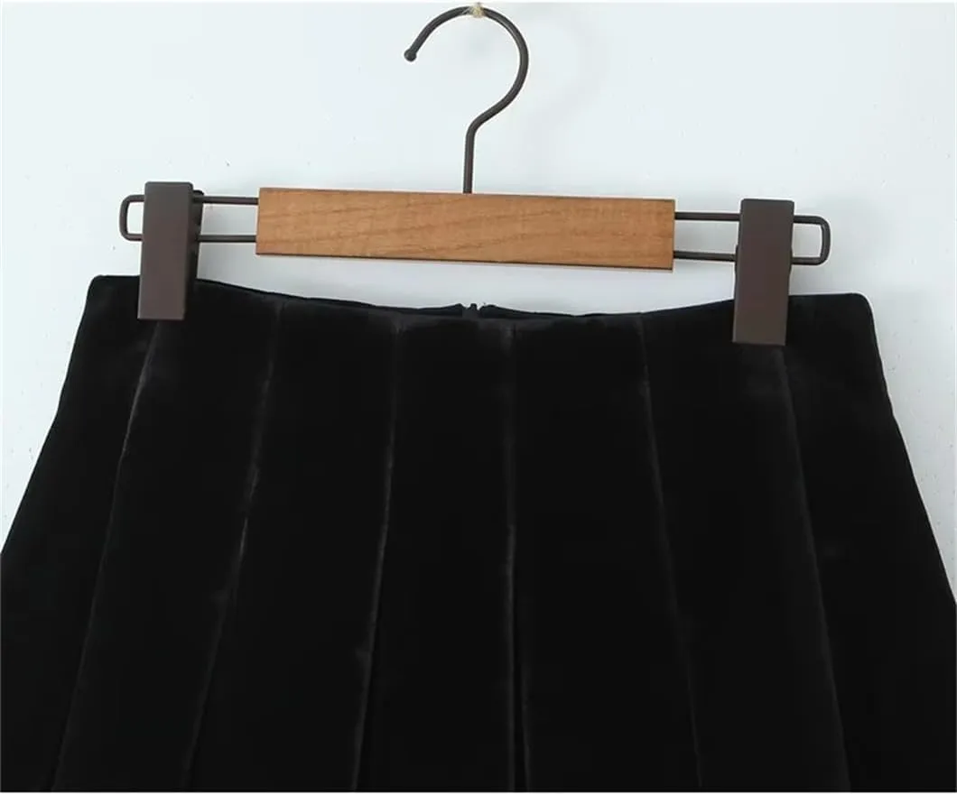 Women Patchwork Velour Skirt Pleated Mini Skirt Vintage High Waist Skirts