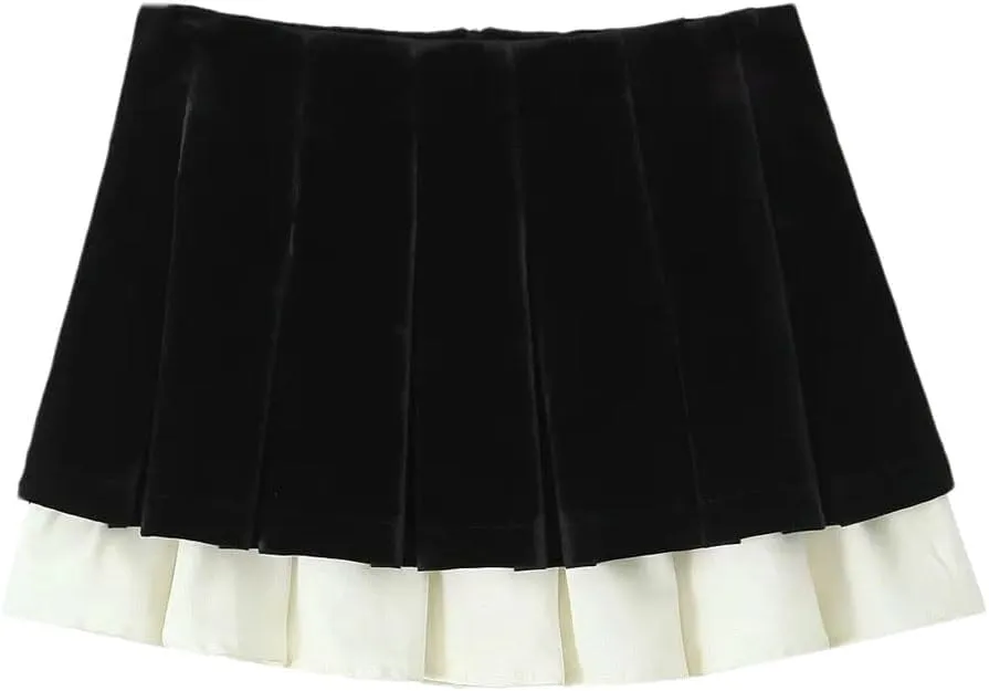 Women Patchwork Velour Skirt Pleated Mini Skirt Vintage High Waist Skirts