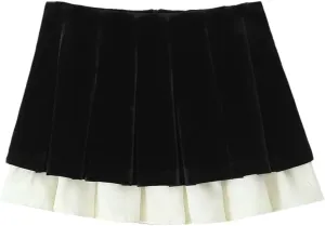 Women Patchwork Velour Skirt Pleated Mini Skirt Vintage High Waist Skirts