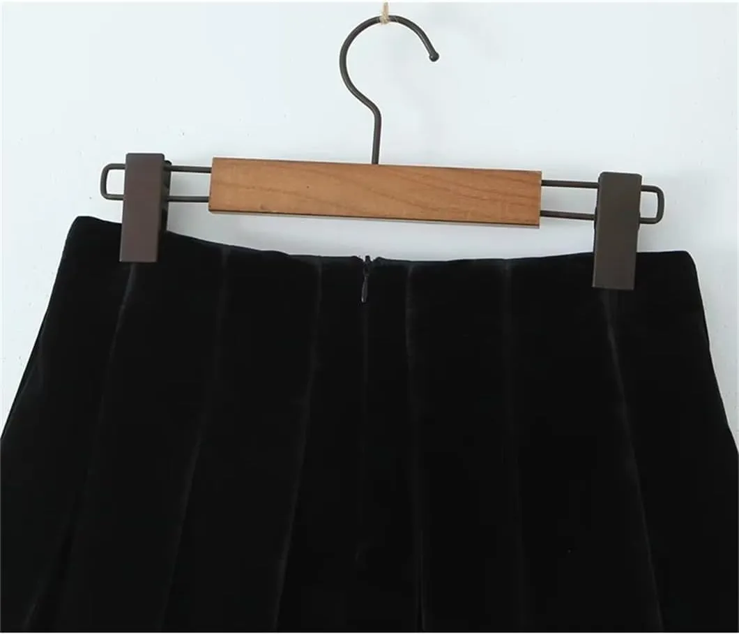 Women Patchwork Velour Skirt Pleated Mini Skirt Vintage High Waist Skirts