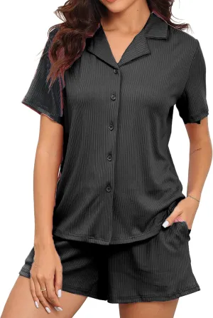 Women Pj Sets Button Down Loungewear 2 Pieces Lounge Set Short Sleeve Tops