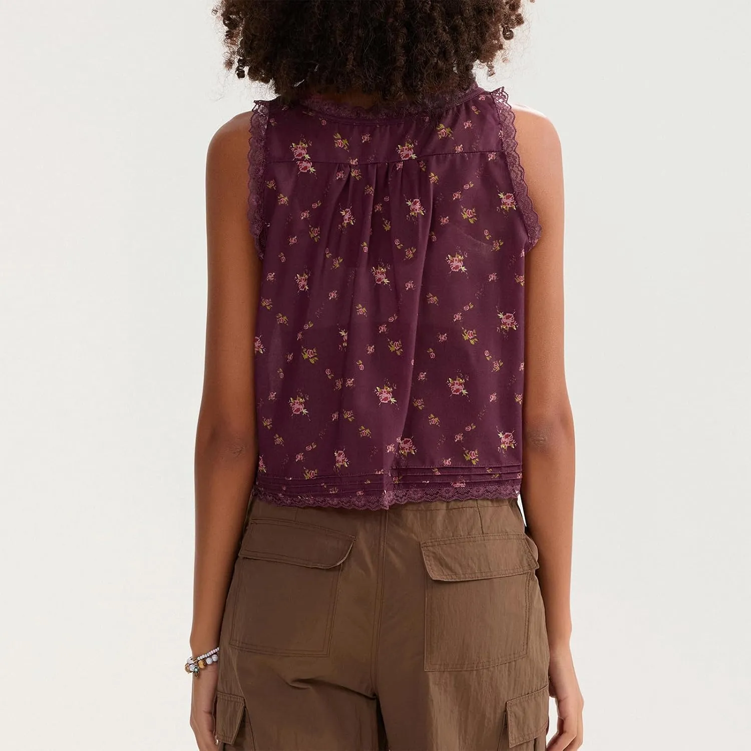 Women Sleeveless Lace Trim Tank Tops Y2K Beach Vacation Button Down Front Tie Mesh Chiffon Crop Tops