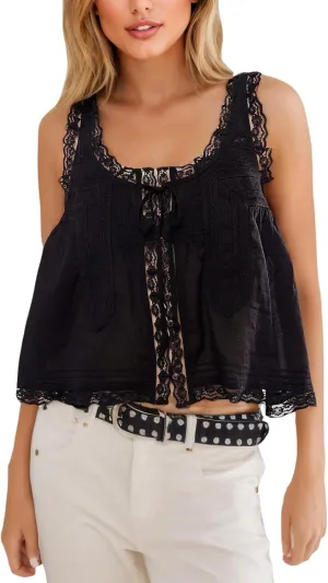 Women Sleeveless Lace Trim Tank Tops Y2K Beach Vacation Button Down Front Tie Mesh Chiffon Crop Tops