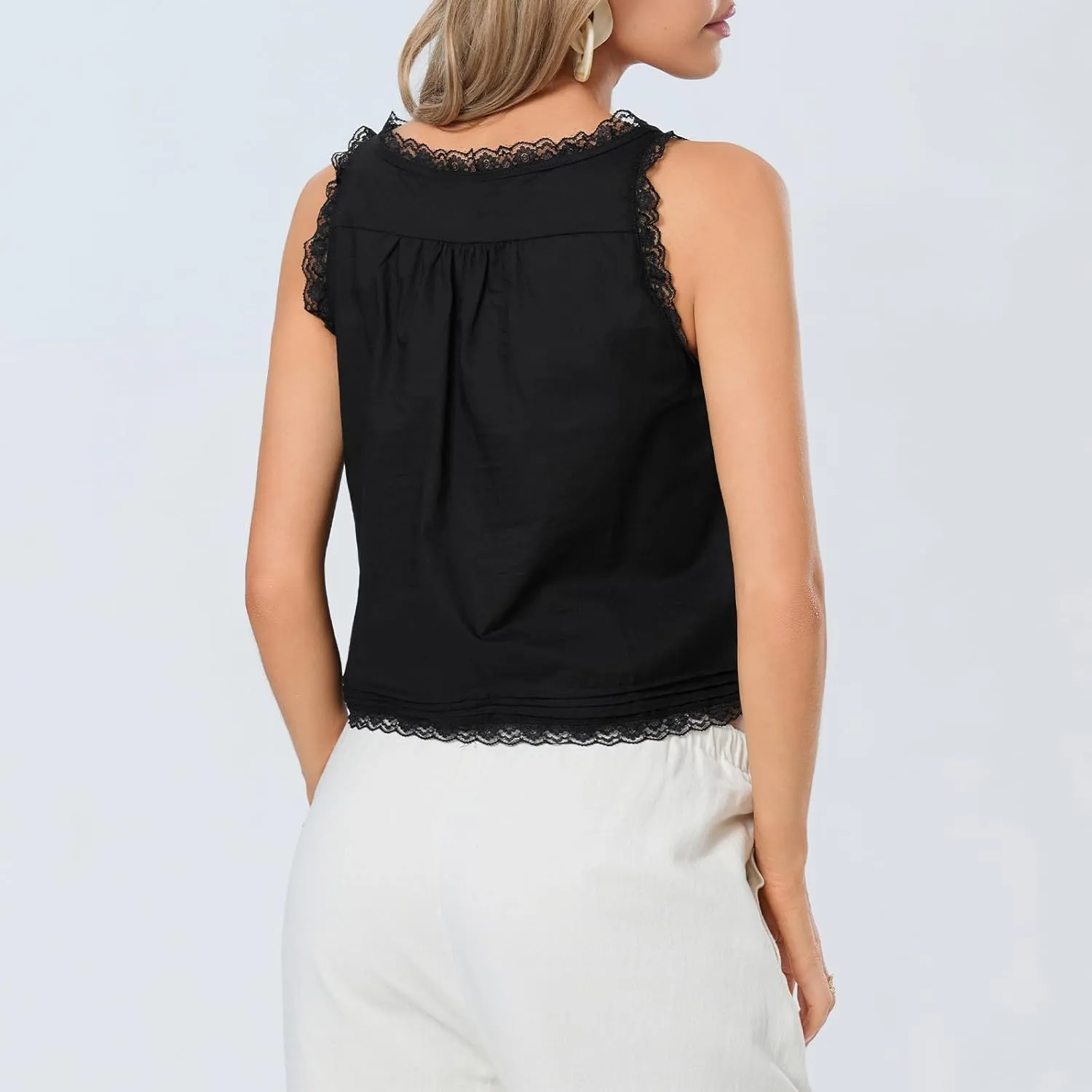 Women Sleeveless Lace Trim Tank Tops Y2K Beach Vacation Button Down Front Tie Mesh Chiffon Crop Tops