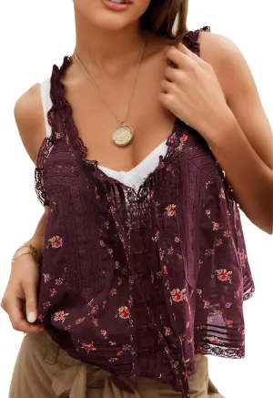 Women Sleeveless Lace Trim Tank Tops Y2K Beach Vacation Button Down Front Tie Mesh Chiffon Crop Tops