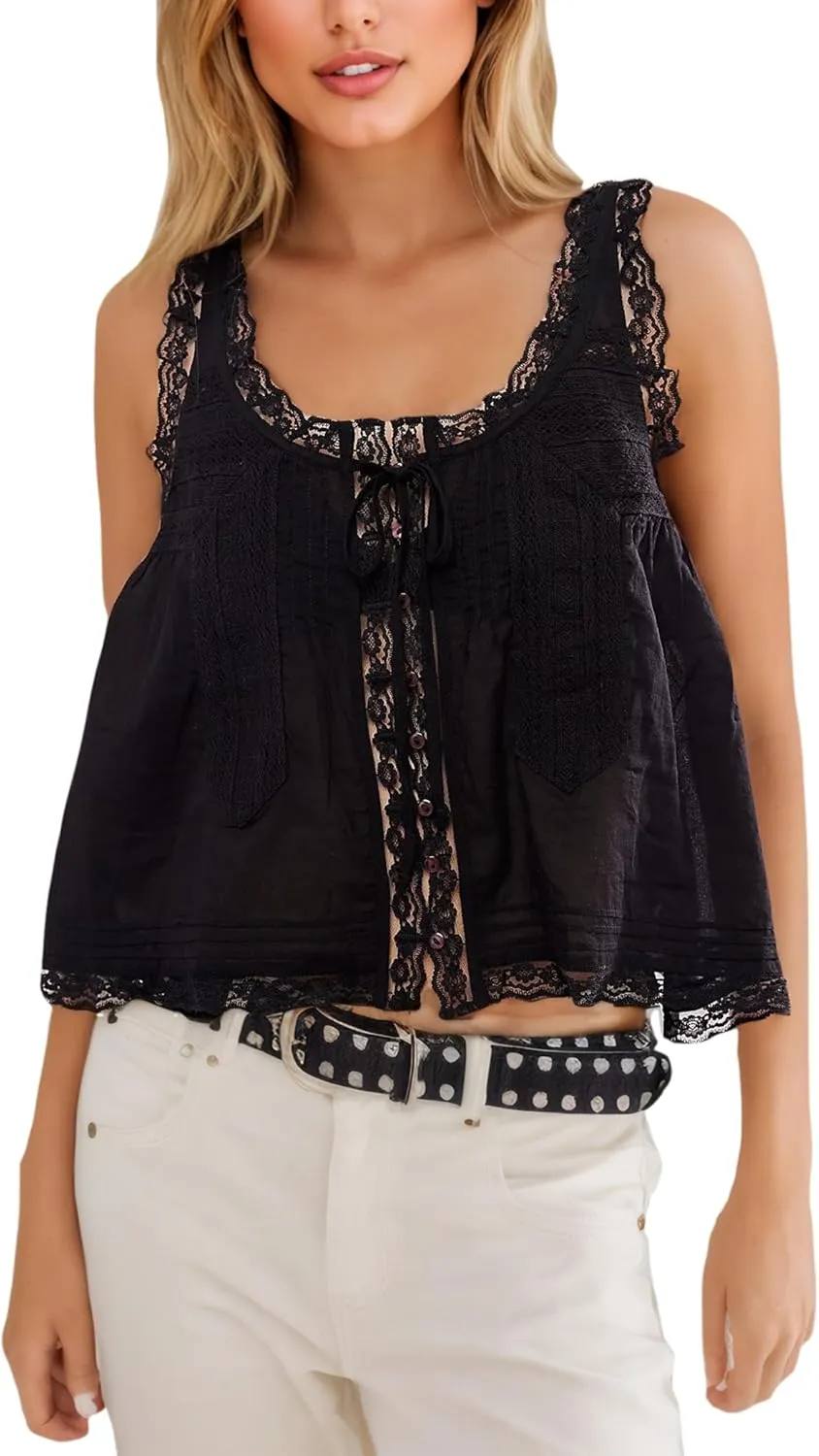 Women Sleeveless Lace Trim Tank Tops Y2K Beach Vacation Button Down Front Tie Mesh Chiffon Crop Tops