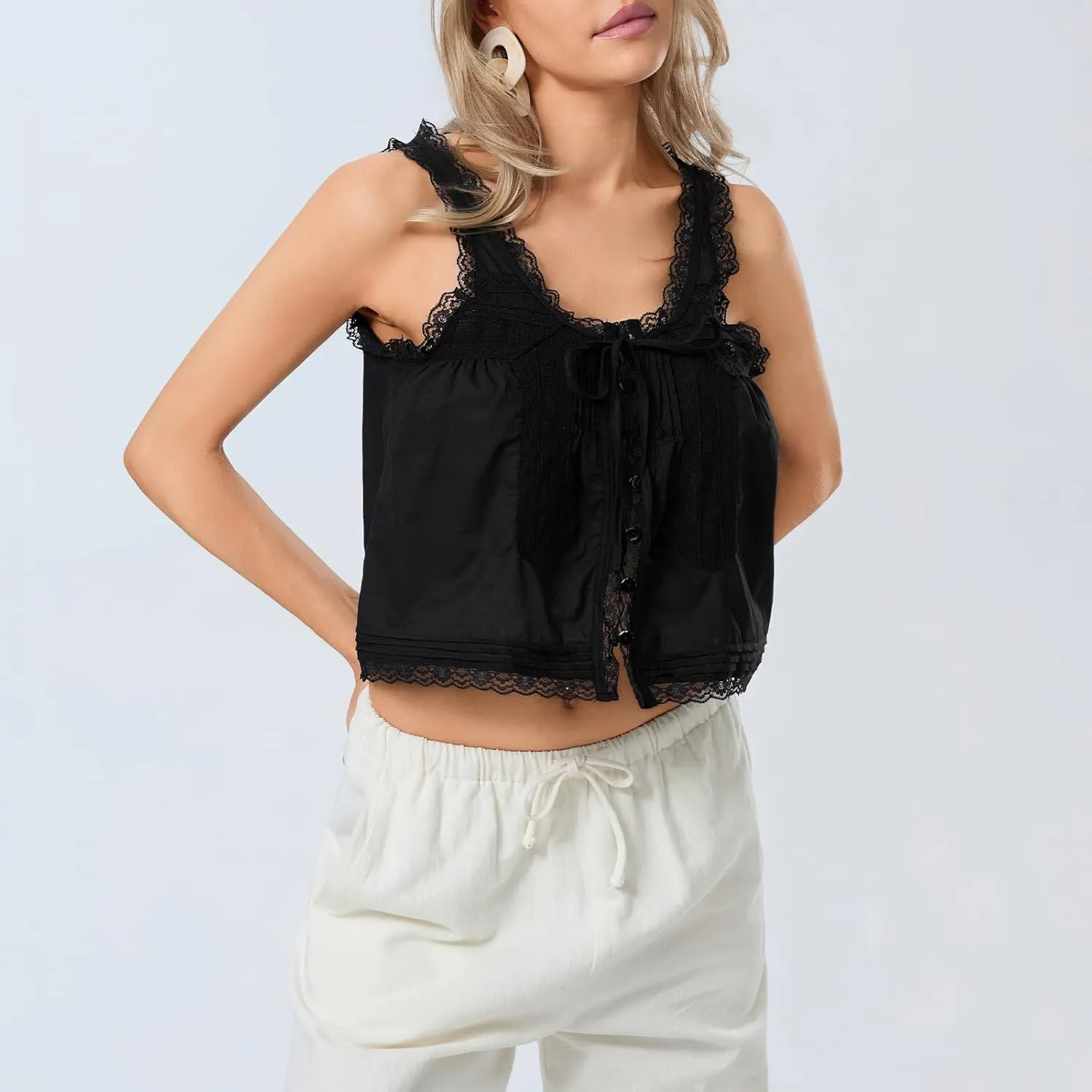 Women Sleeveless Lace Trim Tank Tops Y2K Beach Vacation Button Down Front Tie Mesh Chiffon Crop Tops