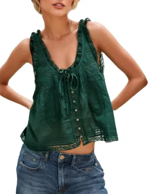 Women Sleeveless Lace Trim Tank Tops Y2K Beach Vacation Button Down Front Tie Mesh Chiffon Crop Tops