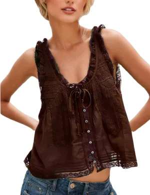 Women Sleeveless Lace Trim Tank Tops Y2K Beach Vacation Button Down Front Tie Mesh Chiffon Crop Tops
