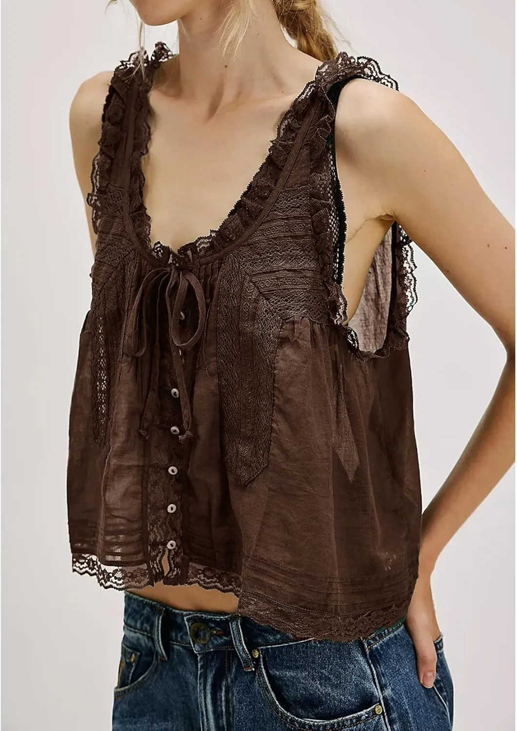 Women Sleeveless Lace Trim Tank Tops Y2K Beach Vacation Button Down Front Tie Mesh Chiffon Crop Tops