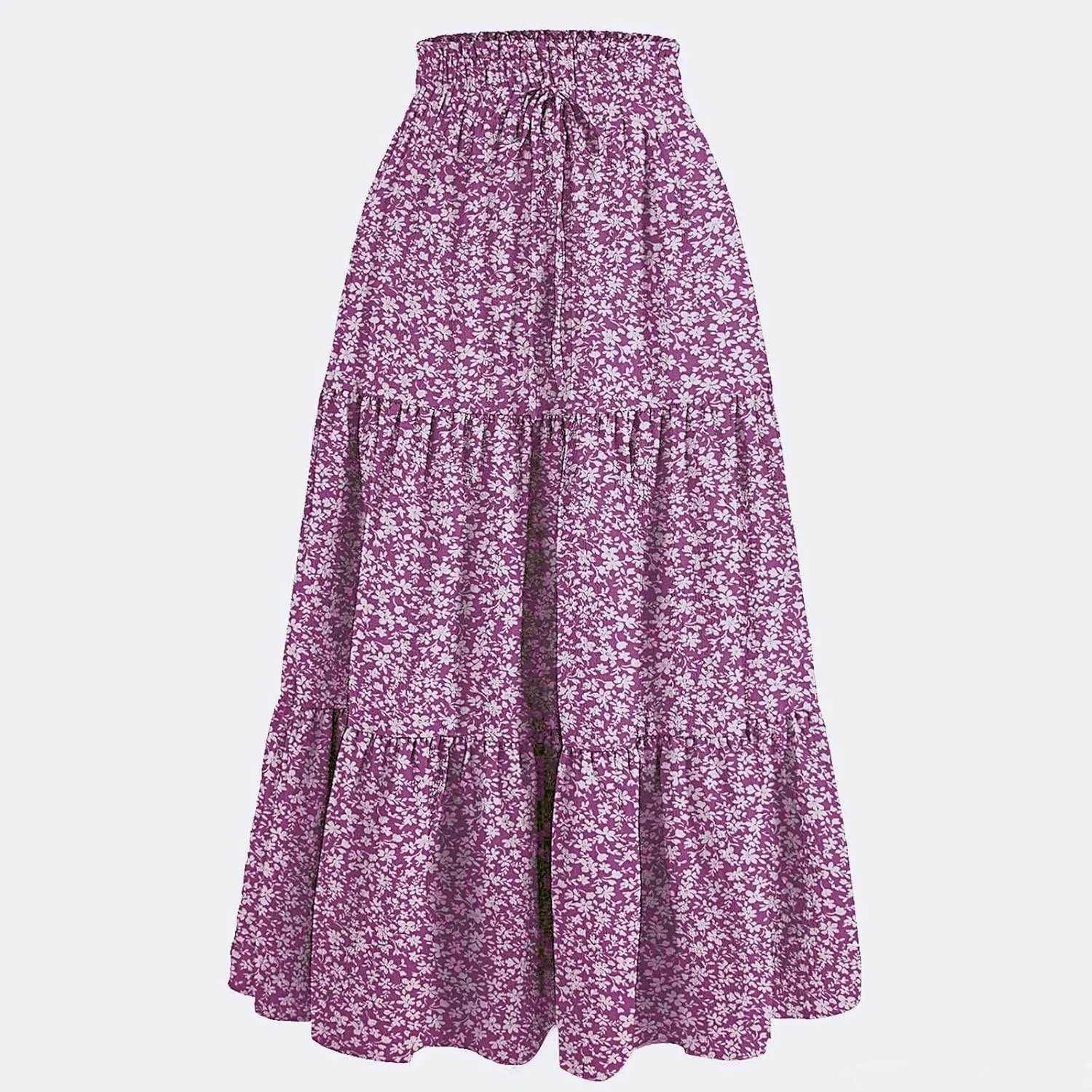 Women Summer Boho Flowy Midi Skirt, Fashion High Waist Drawstring A-line Skirts Floral Print Ruffle Ruched Casual Clothes
