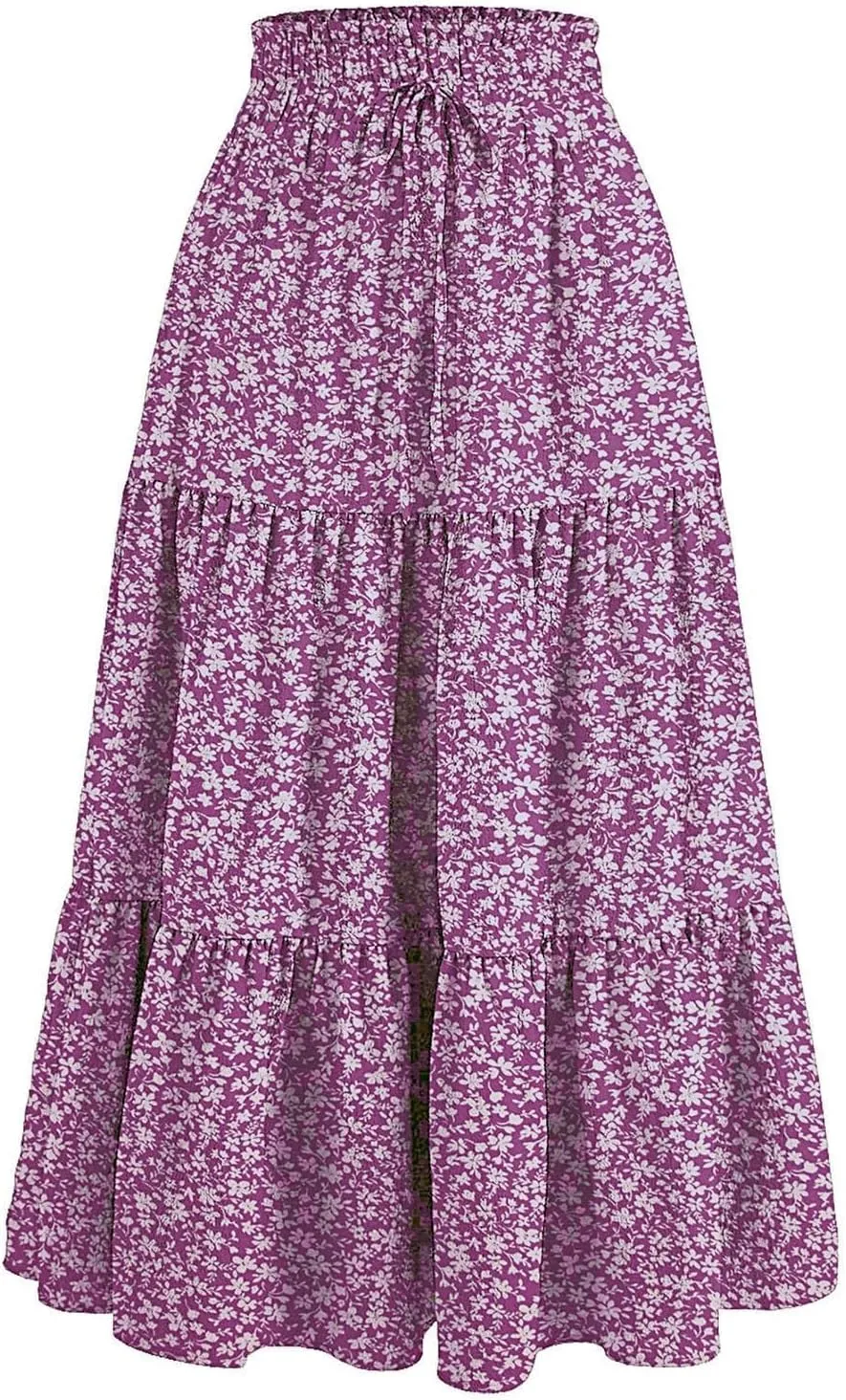 Women Summer Boho Flowy Midi Skirt, Fashion High Waist Drawstring A-line Skirts Floral Print Ruffle Ruched Casual Clothes