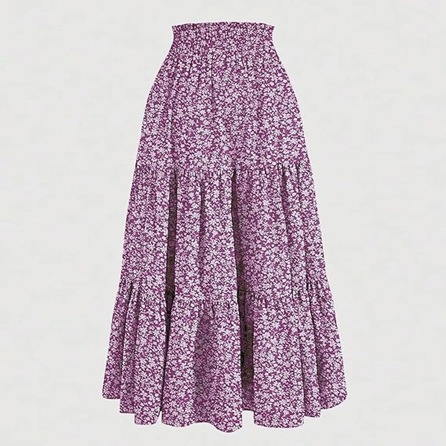 Women Summer Boho Flowy Midi Skirt, Fashion High Waist Drawstring A-line Skirts Floral Print Ruffle Ruched Casual Clothes
