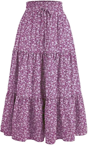 Women Summer Boho Flowy Midi Skirt, Fashion High Waist Drawstring A-line Skirts Floral Print Ruffle Ruched Casual Clothes