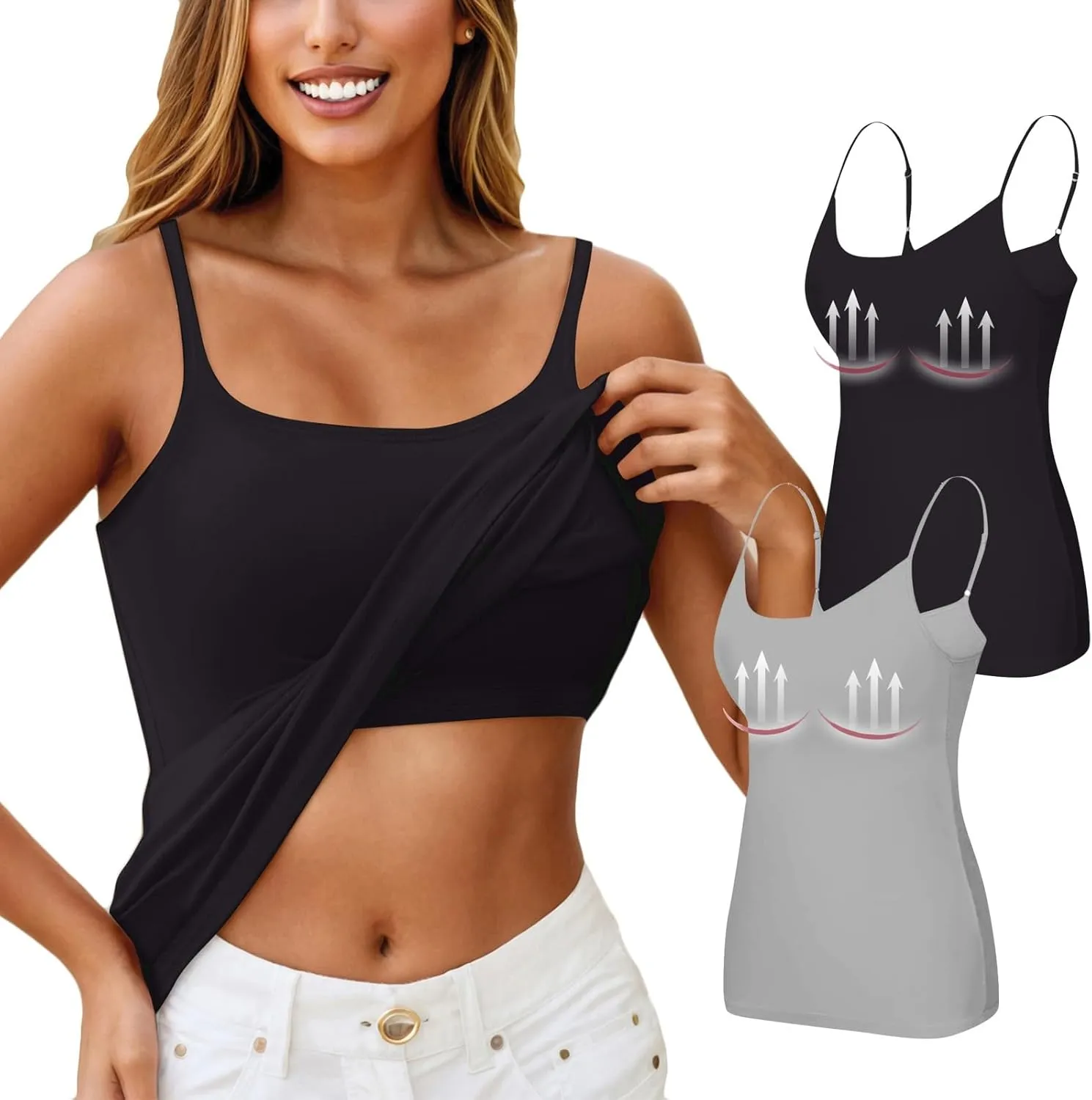 Women Tank Tops with Built in Bras Cotton Shelf Bra Camisoles Adjustable Spaghetti Basic Undershirt Layer Cami 2 Pack